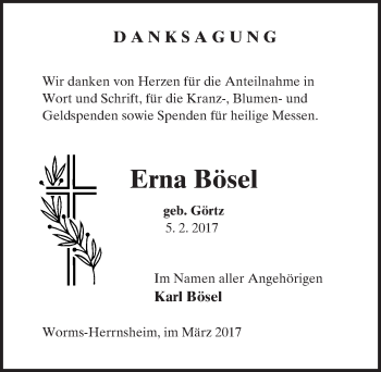 Traueranzeige von Erna Bösel von Trauerportal Rhein Main Presse