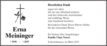 Traueranzeige von Erna Meininger von  Kreisanzeiger