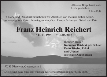 Traueranzeige von Franz Heinrich Reichert von Trauerportal Rhein Main Presse