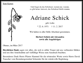Traueranzeige von Adriane Schick von VRM Trauer