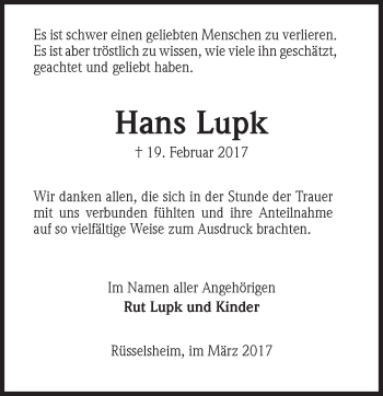 Traueranzeige von Hans Lupk von Trauerportal Rhein Main Presse