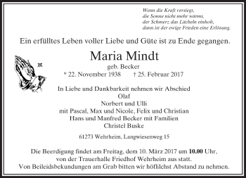 Traueranzeige von Maria Mindt von  Usinger Anzeiger