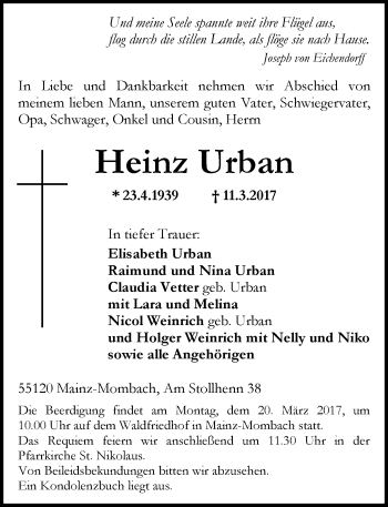 Traueranzeige von Heinz Urban von Trauerportal Rhein Main Presse