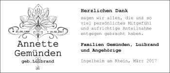 Traueranzeige von Annette Gemünden von Trauerportal Rhein Main Presse