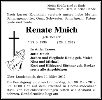 Traueranzeige von Renate Mnich von Trauerportal Echo Online