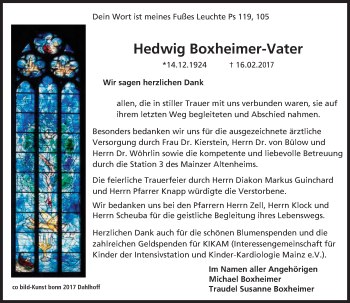 Traueranzeige von Hedwig Boxheimer-Vater von Trauerportal Rhein Main Presse