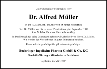 Traueranzeige von Alfred Müller von Trauerportal Rhein Main Presse