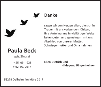 Traueranzeige von Paula Beck von Trauerportal Rhein Main Presse