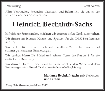 Traueranzeige von Heinrich Bechtluft-Sachs von Trauerportal Rhein Main Presse