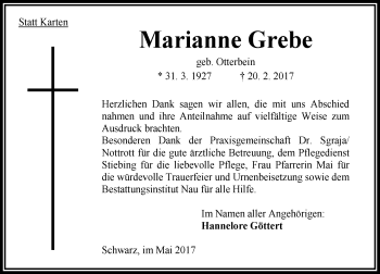 Traueranzeige von Marianne Grebe von VRM Trauer