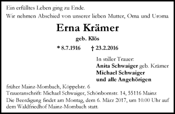 Traueranzeige von Erna Krämer von Trauerportal Rhein Main Presse