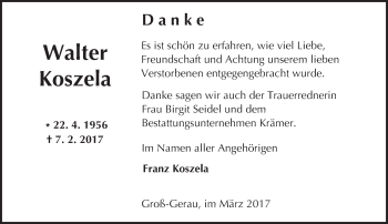 Traueranzeige von Walter Koszela von Trauerportal Echo Online