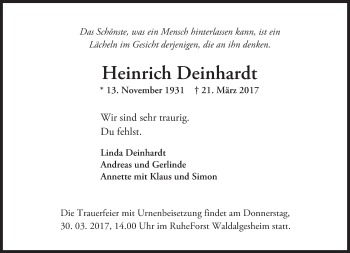 Traueranzeige von Heinrich Deinhardt von Trauerportal Rhein Main Presse