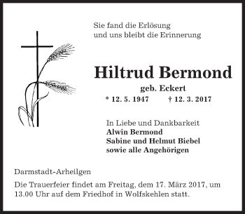 Traueranzeige von Hiltrud Bermond von Trauerportal Echo Online