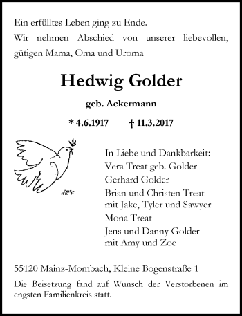 Traueranzeige von Hedwig Golder von Trauerportal Rhein Main Presse