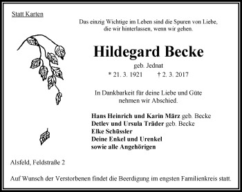 Traueranzeige von Hildegard Becke von VRM Trauer