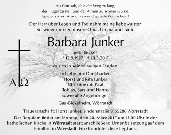 Traueranzeige von Barbara Junker von Trauerportal Rhein Main Presse