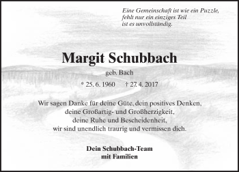 Traueranzeige von Margit Schubbach von Trauerportal Rhein Main Presse