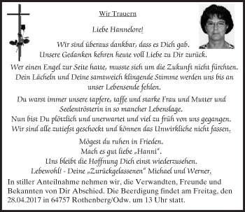 Traueranzeige von Hannelore Panz von Trauerportal Echo Online