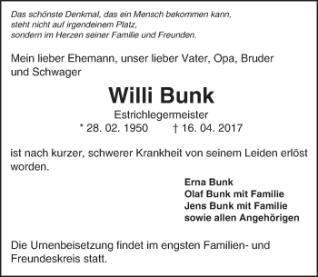 Traueranzeige von Willi Bunk von Trauerportal Echo Online