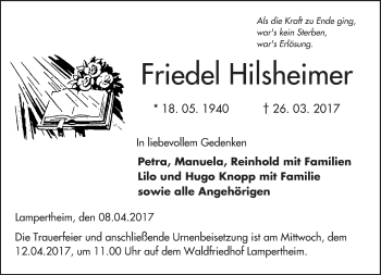 Traueranzeige von Friedel Hilsheimer von Trauerportal Echo Online
