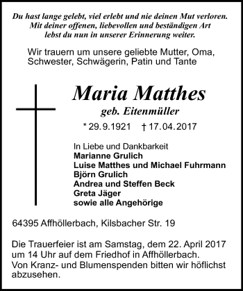Traueranzeige von Maria Matthes von Trauerportal Echo Online