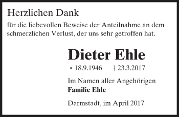 Traueranzeige von Dieter Ehle von Trauerportal Echo Online