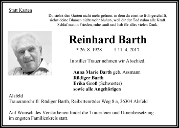 Traueranzeige von Reinhard Barth von VRM Trauer