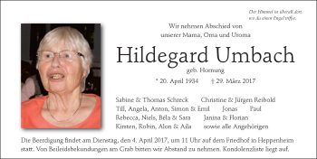Traueranzeige von Hildegard Umbach von Trauerportal Echo Online