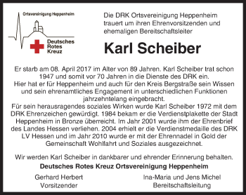 Traueranzeige von Karl Scheiber von Trauerportal Echo Online