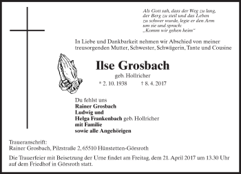 Traueranzeige von Ilse Grosbach von Trauerportal Rhein Main Presse