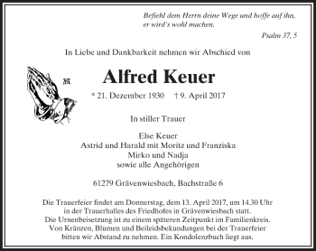 Traueranzeige von Alfred Keuer von  Usinger Anzeiger