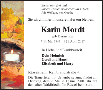 Traueranzeige von Karin Mordt von Trauerportal Rhein Main Presse