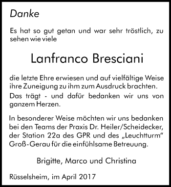 Traueranzeige von Lanfranco Bresciani von Trauerportal Rhein Main Presse
