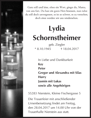 Traueranzeige von Lydia Schornstheimer von Trauerportal Rhein Main Presse