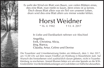 Traueranzeige von Horst Weidner von Trauerportal Rhein Main Presse