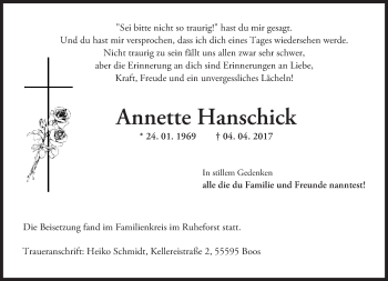Traueranzeige von Annette Hanschick von Trauerportal Rhein Main Presse