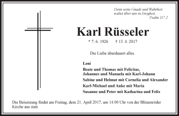 Traueranzeige von Karl Rüsseler von VRM Trauer