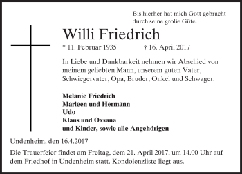 Traueranzeige von Willi Friedrich von Trauerportal Rhein Main Presse