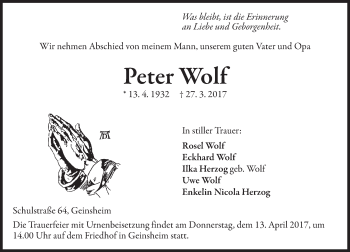 Traueranzeige von Peter Wolf von Trauerportal Echo Online