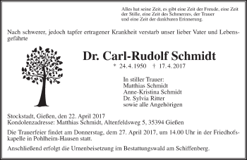 Traueranzeige von Carl-Rudolf Schmidt von  Gießener Anzeiger