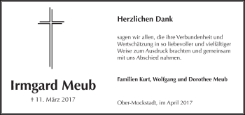 Traueranzeige von Irmgard Meub von  Kreisanzeiger