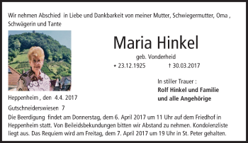 Traueranzeige von Maria Hinkel von Trauerportal Echo Online
