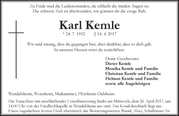 Traueranzeige von Karl Kemle von Trauerportal Rhein Main Presse