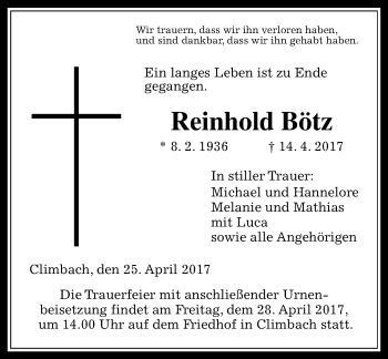 Traueranzeige von Reinhold Bötz von  Gießener Anzeiger