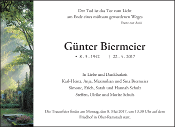 Traueranzeige von Günter Biermeier von Trauerportal Echo Online
