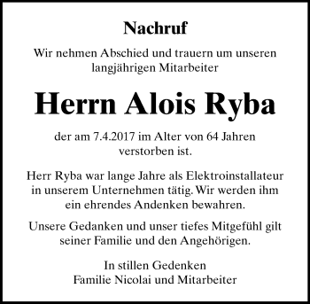 Traueranzeige von Alois Ryba von  Gießener Anzeiger