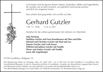 Traueranzeige von Gerhard Gutzler von Trauerportal Rhein Main Presse