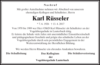 Traueranzeige von Karl Rüsseler von VRM Trauer