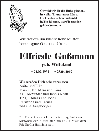 Traueranzeige von Elfriede Gußmann von Trauerportal Rhein Main Presse